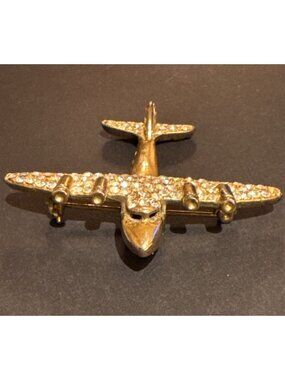 Vintage Gold-Tone Airplane Brooch With Rhinestone Detailing